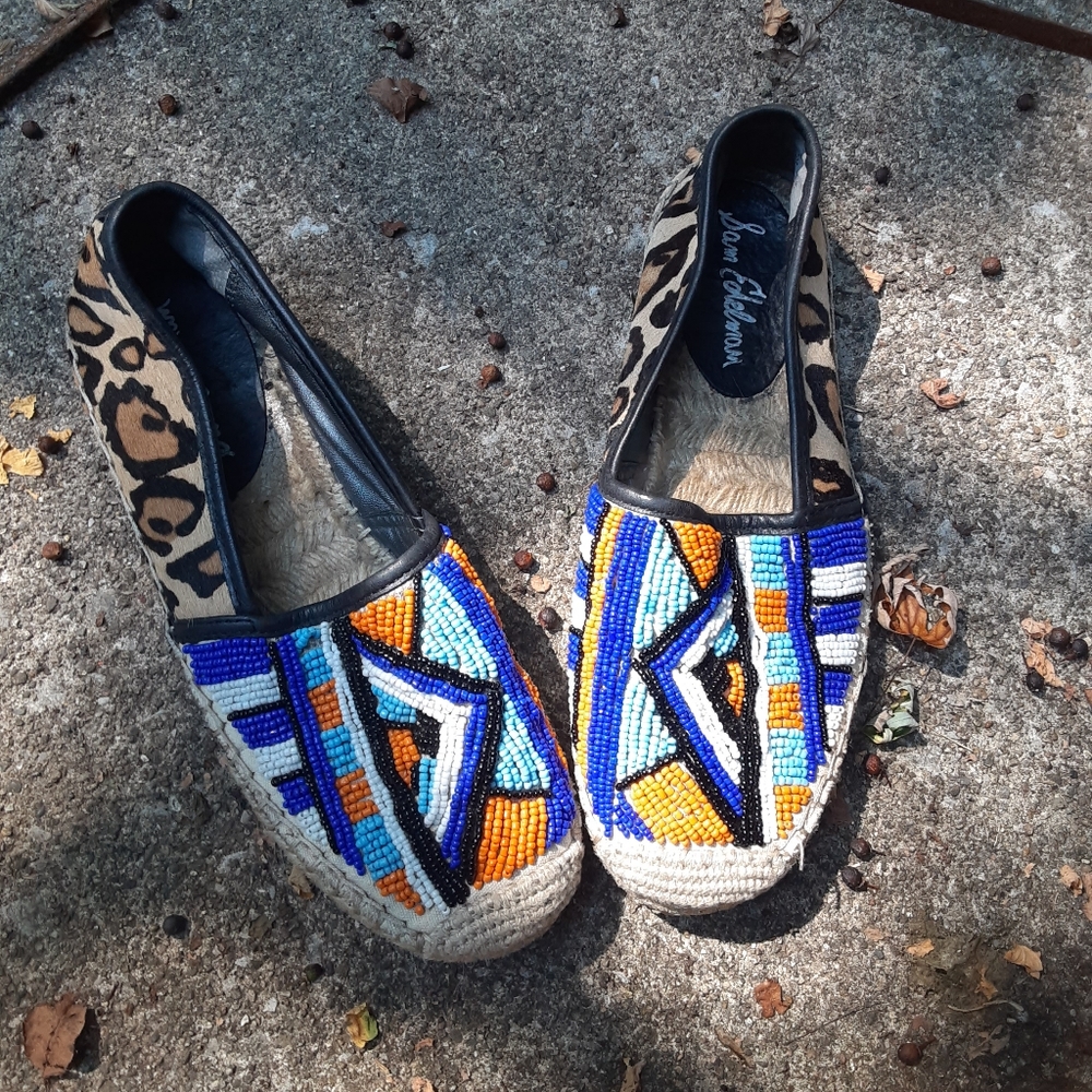 Sam Edelman Beaded Cow Fur Espadrille Flats Sz 8